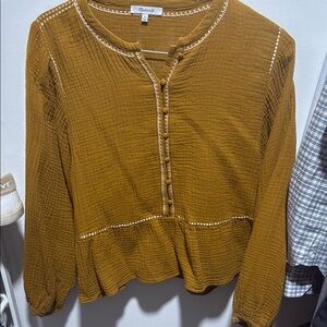 Madewell Gold Smocked Mandarin Collar Blouse